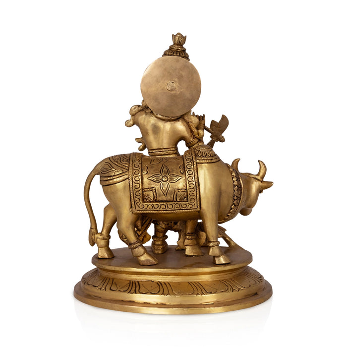 Krishna With Cow Standing Murti - 12 x 9 Inches | Antique Brass Idol / Cow Krishna Statue for Pooja - Brass Murties