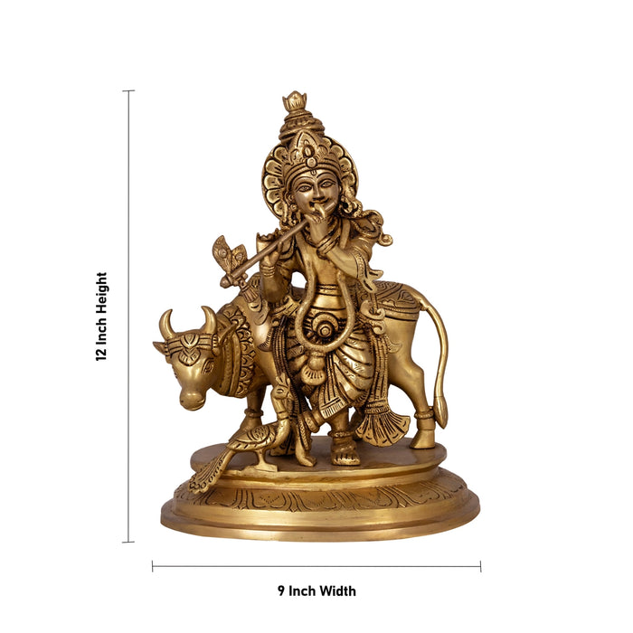 Krishna With Cow Standing Murti - 12 x 9 Inches | Antique Brass Idol / Cow Krishna Statue for Pooja - Brass Murties