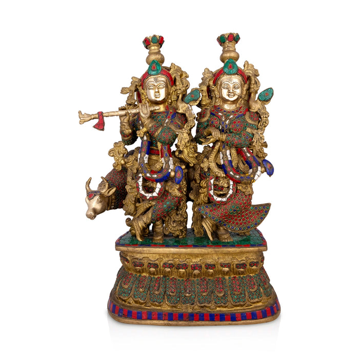 Radha Krishna With Cow Standing on Base Murti - 21 x 14 Inches | Antique Brass Idol / Radha Krishna Statue for Pooja - Brass Murties