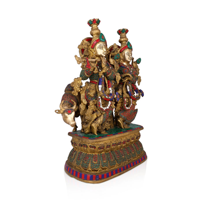 Radha Krishna With Cow Standing on Base Murti - 21 x 14 Inches | Antique Brass Idol / Radha Krishna Statue for Pooja - Brass Murties