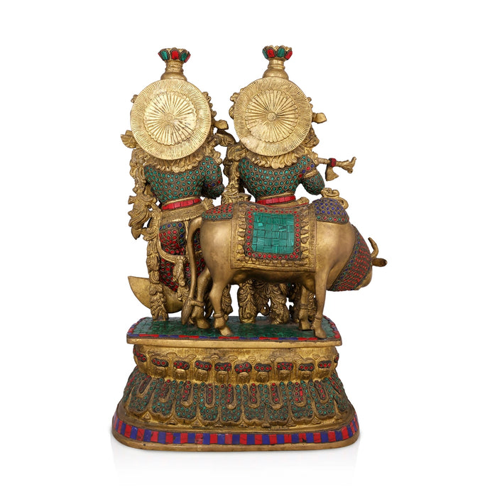 Radha Krishna With Cow Standing on Base Murti - 21 x 14 Inches | Antique Brass Idol / Radha Krishna Statue for Pooja - Brass Murties