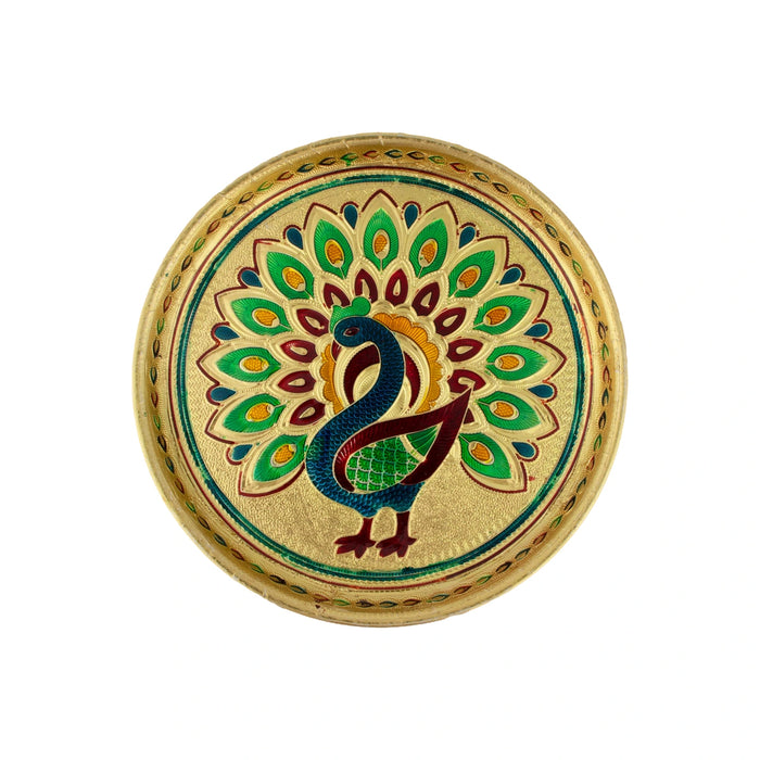 Stainless Steel Plate - 8 Inches | Meenakari Design Plate/ Pooja Plate for Home/ 170 Gms Approx - Pooja Plate & Tray