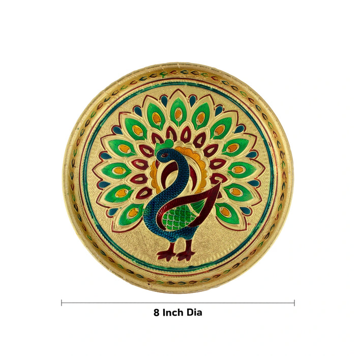Stainless Steel Plate - 8 Inches | Meenakari Design Plate/ Pooja Plate for Home/ 170 Gms Approx - Pooja Plate & Tray