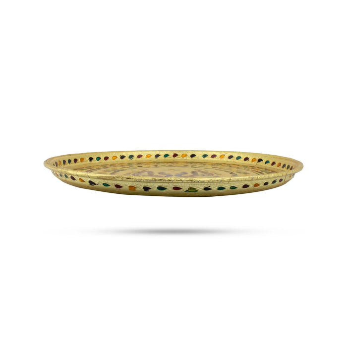 Stainless Steel Plate - 9 Inches | Meenakari Design Plate/ Pooja Plate for Home/ 220 Gms Approx