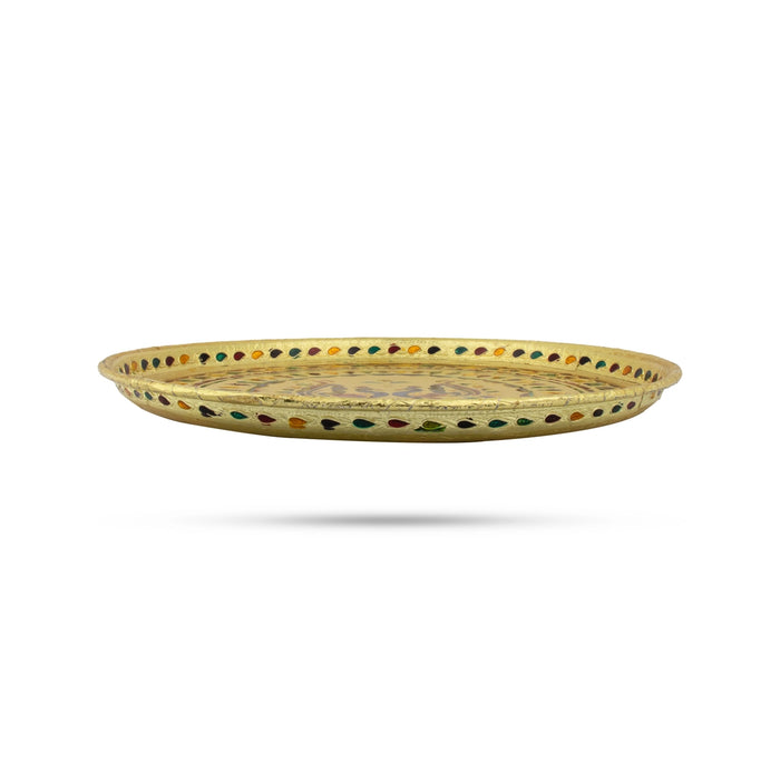Stainless Steel Plate - 9 Inches | Meenakari Design Plate/ Pooja Plate for Home/ 220 Gms Approx - Pooja Plate & Tray