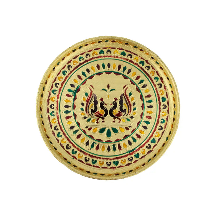 Stainless Steel Plate - 9 Inches | Meenakari Design Plate/ Pooja Plate for Home/ 220 Gms Approx