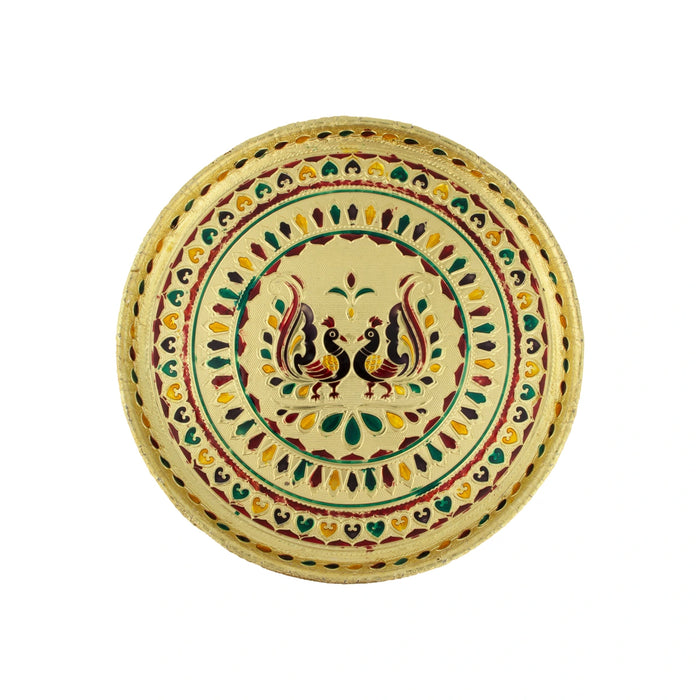 Stainless Steel Plate - 9 Inches | Meenakari Design Plate/ Pooja Plate for Home/ 220 Gms Approx - Pooja Plate & Tray