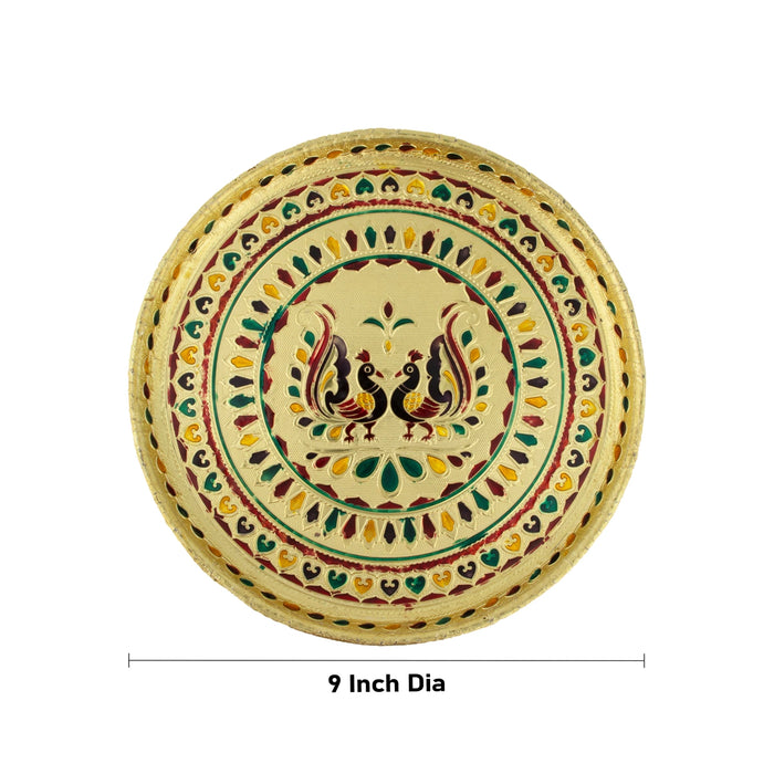 Stainless Steel Plate - 9 Inches | Meenakari Design Plate/ Pooja Plate for Home/ 220 Gms Approx - Pooja Plate & Tray
