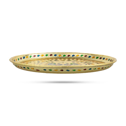 Stainless Steel Plate - 12 Inches | Meenakari Design Plate/ Pooja Plate for Home/ 510 Gms Approx - Pooja Plate & Tray