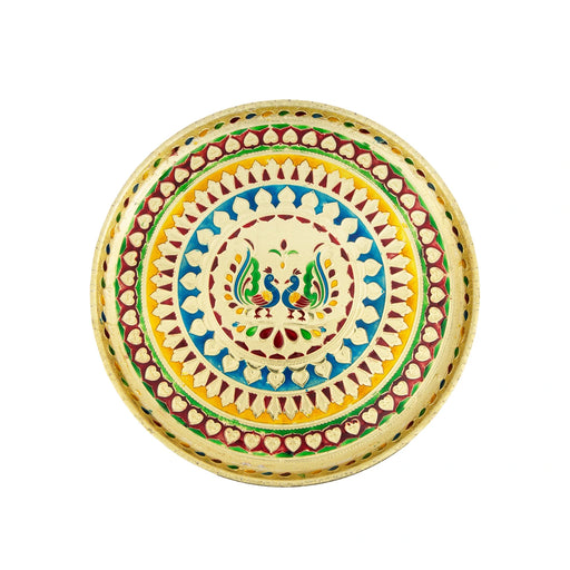 Stainless Steel Plate - 12 Inches | Meenakari Design Plate/ Pooja Plate for Home/ 510 Gms Approx - Pooja Plate & Tray
