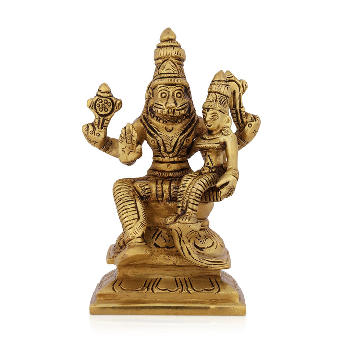 Narasimha Lakshmi Sitting On Base Murti - 4.5 x 3 Inches | Antique Brass Idol / Narasimha Laxmi Statue For Pooja