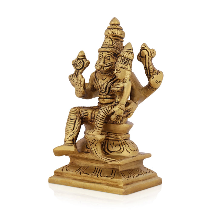 Narasimha Lakshmi Sitting On Base Murti - 4.5 x 3 Inches | Antique Brass Idol / Narasimha Laxmi Statue For Pooja