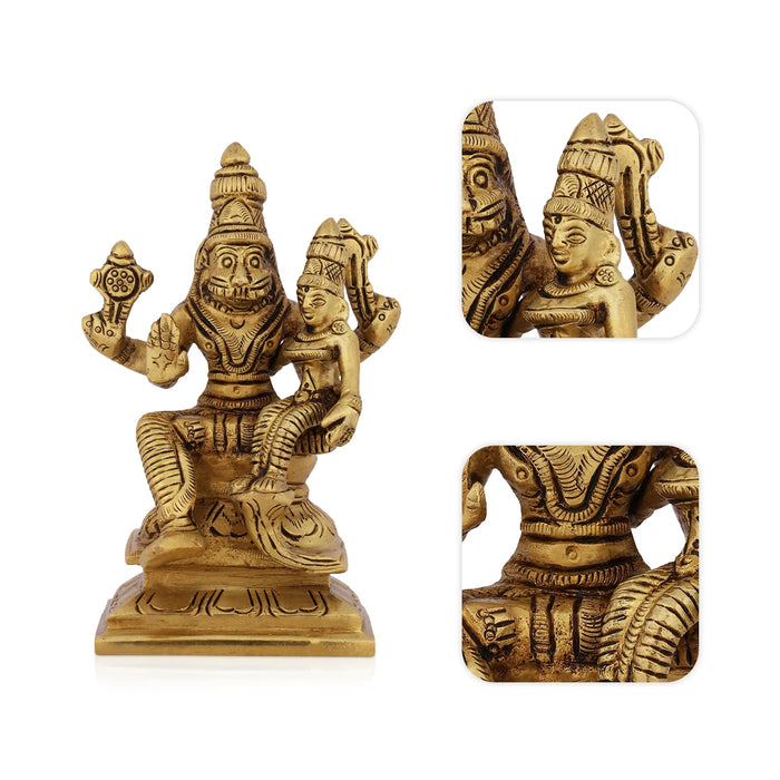 Narasimha Lakshmi Sitting On Base Murti - 4.5 x 3 Inches | Antique Brass Idol / Narasimha Laxmi Statue For Pooja