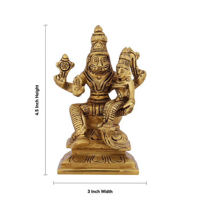 Narasimha Lakshmi Sitting On Base Murti - 4.5 x 3 Inches | Antique Brass Idol / Narasimha Laxmi Statue For Pooja