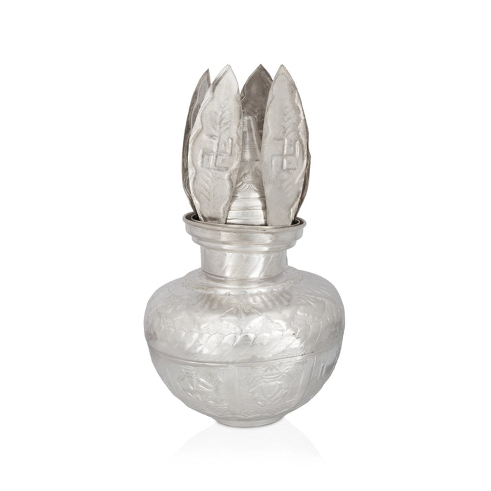 Decorative Kalash with Coconut - 11 x 5 Inches | White Metal Purna Kumbham/ Spiritual Ritual For Temple & Pooja Decor