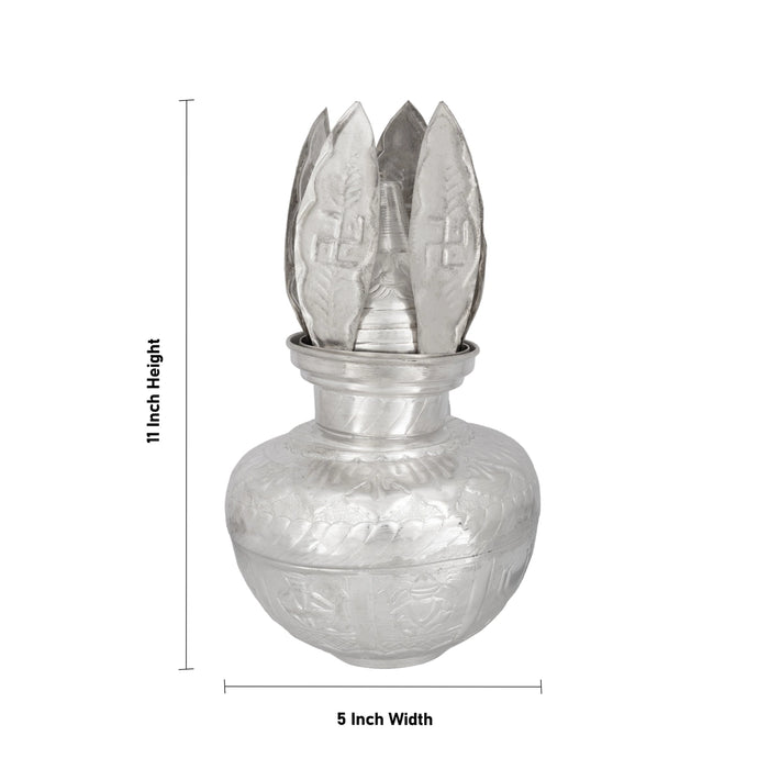 Decorative Kalash with Coconut - 11 x 5 Inches | White Metal Purna Kumbham/ Spiritual Ritual For Temple & Pooja Decor