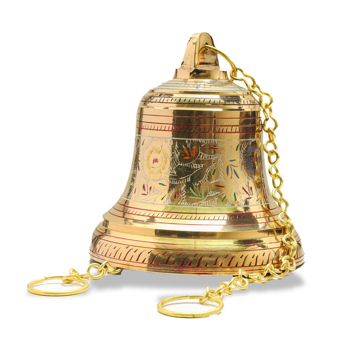 Brass Bell - Enamel - 4.2 Inches | Brass Bell Hanging/ Pooja Hanging Bell with Chain/ Hanging Bells for Mandir - Pooja Bells