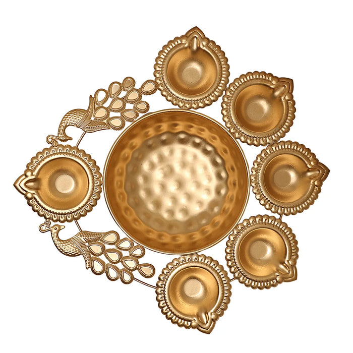 Metal Urli - 1.5 x 10.5 Inches | Brass Polish Uruli/ Diya with Peacock Design Flower Pot for Pooja/ 235 Gms Approx - Uruli & Flower Pot