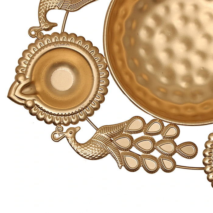 Metal Urli - 1.5 x 10.5 Inches | Brass Polish Uruli/ Diya with Peacock Design Flower Pot for Pooja/ 235 Gms Approx - Uruli & Flower Pot