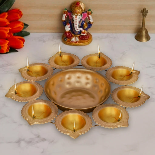 Metal Flower Pot - 1.5 x 10.5 Inches | Brass Polish Urli/ 9 Diya with Uruli for Pooja/ 270 Gms Approx - Uruli & Flower Pot