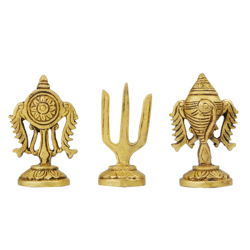 Shankh Chakra Namam With Base - 3 x 1.5 Inches | 3 Pcs / Antique Brass Shankh Chakra Namam for Pooja - Brass Murties