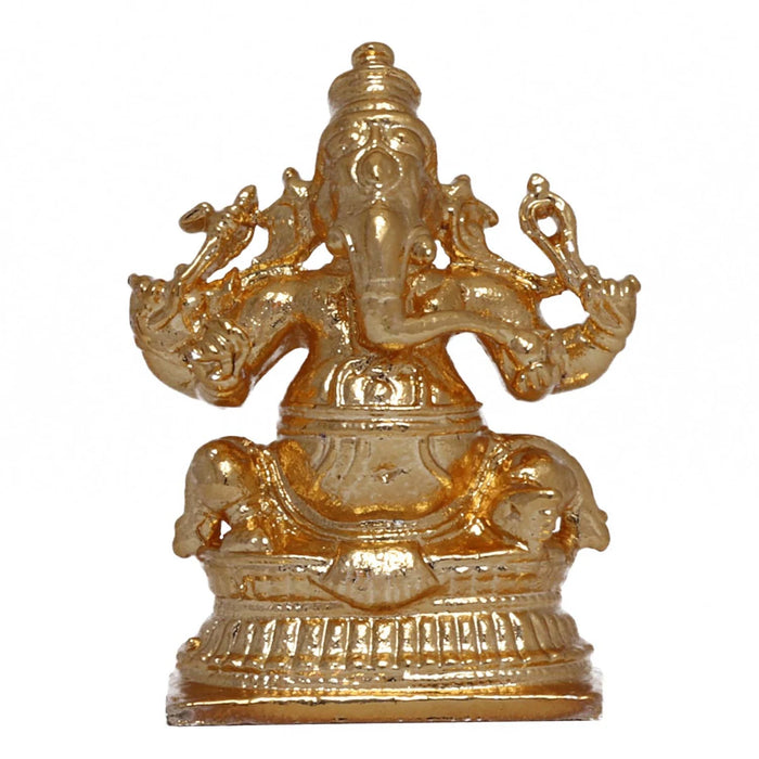 Ganesh Murti Sitting On Base - 1.75 x 1.25 Inches | Copper Idol/ Gold Polish Ganpati Murti for Pooja - Copper Murties