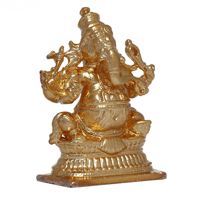 Ganesh Murti Sitting On Base - 1.75 x 1.25 Inches | Copper Idol/ Gold Polish Ganpati Murti for Pooja - Copper Murties