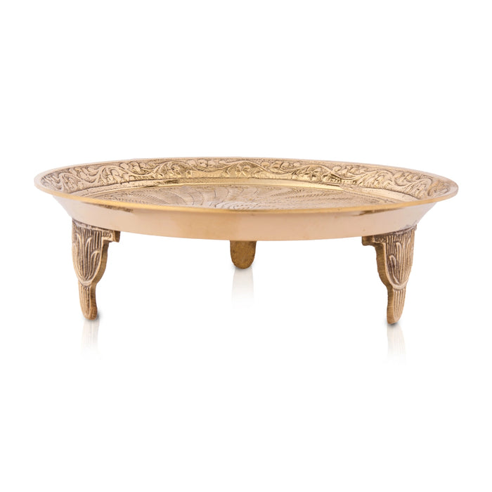 Pin Tray With Base - 7 Inches Dia | Peacock Design Brass Plate/ Pin Tray/ Pooja Asan For Pooja & Deity - Pooja Plate & Tray