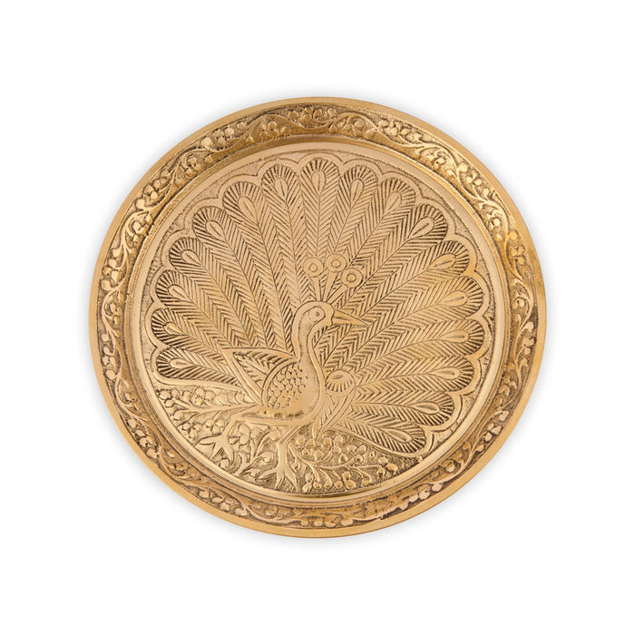 Pin Tray With Base - 7 Inches Dia | Peacock Design Brass Plate/ Pin Tray/ Pooja Asan For Pooja & Deity - Pooja Plate & Tray