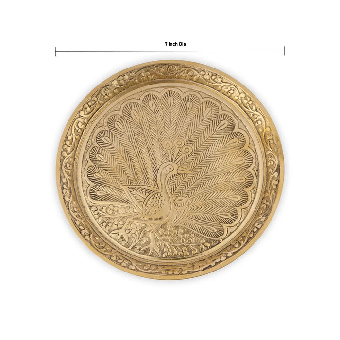 Pin Tray With Base - 7 Inches Dia | Peacock Design Brass Plate/ Pin Tray/ Pooja Asan For Pooja & Deity - Pooja Plate & Tray