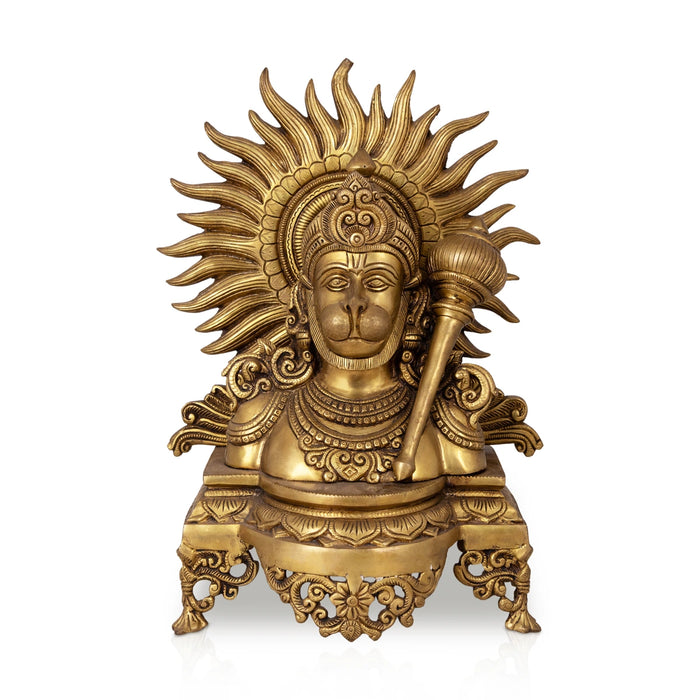 Hanuman Face On Chowki Murti - 14 x 10 Inches | Antique Brass Idol / Anjaneya Face Statue for Pooja - Brass Murties
