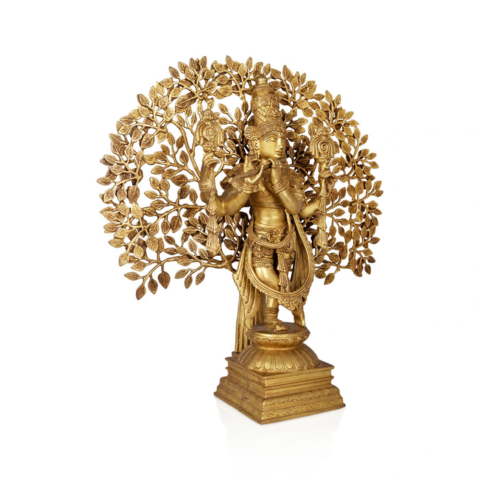 Krishna Murti With Tree Standing On Base - 26 x 24 Inches | Antique Brass Idol / Krishna Statue for Pooja - Brass Murties