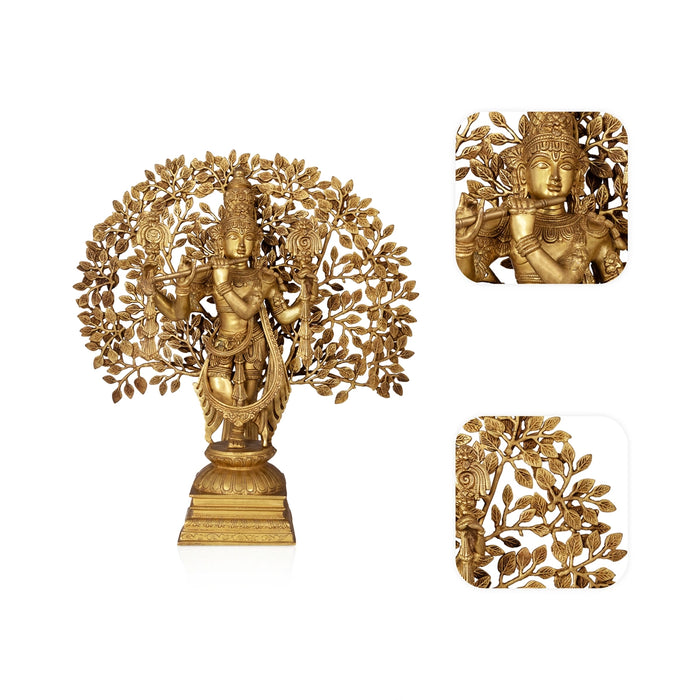 Krishna Murti With Tree Standing On Base - 26 x 24 Inches | Antique Brass Idol / Krishna Statue for Pooja - Brass Murties