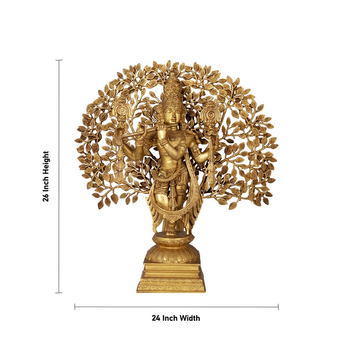 Krishna Murti With Tree Standing On Base - 26 x 24 Inches | Antique Brass Idol / Krishna Statue for Pooja - Brass Murties