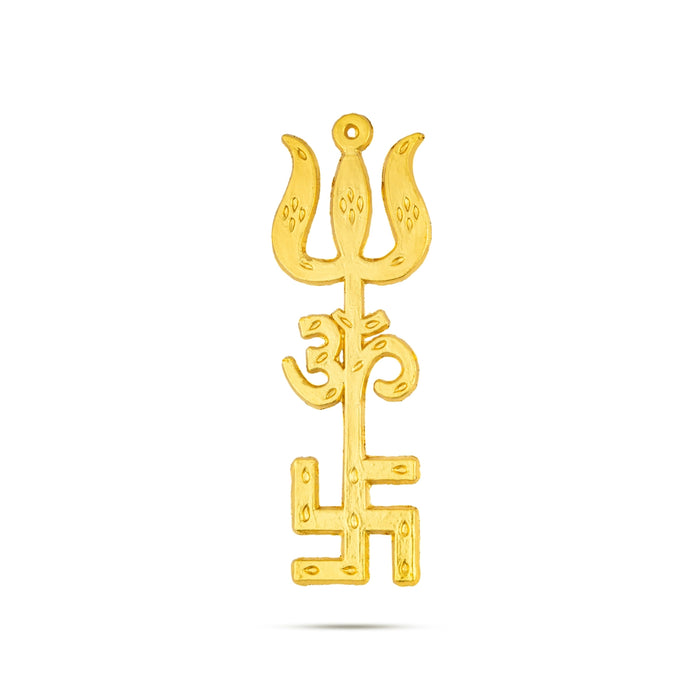 Om Swastik Design Trishul - 4 x 1.25 Inches | Metal Astras/ Om Swastik Design Soolam for Deity - Deity Accessories