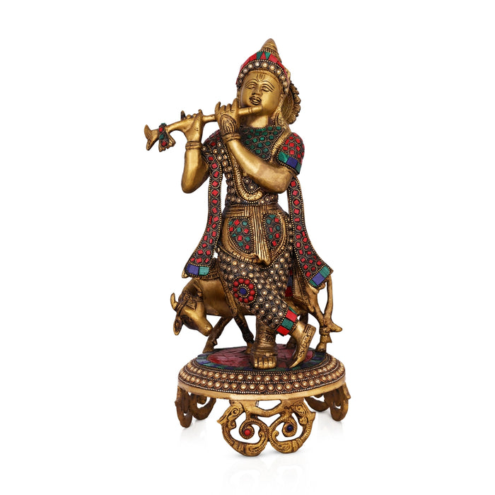 Cow Krishna With Stone Standing on Base Murti - 15 x 6.5 Inches | Antique Brass Idol/ Cow Krishna Statue for Pooja - Brass Murties