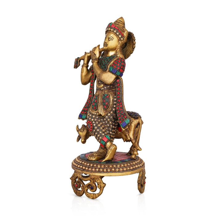 Cow Krishna With Stone Standing on Base Murti - 15 x 6.5 Inches | Antique Brass Idol/ Cow Krishna Statue for Pooja - Brass Murties