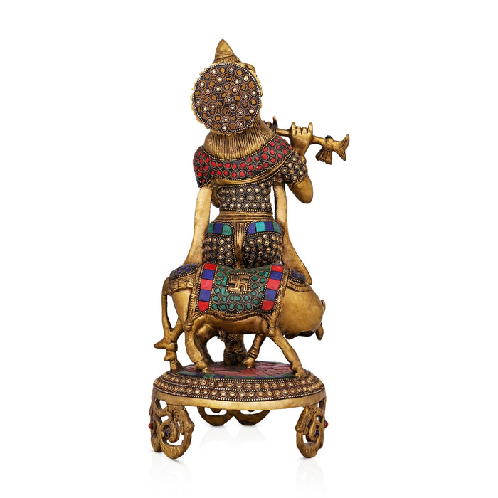 Cow Krishna With Stone Standing on Base Murti - 15 x 6.5 Inches | Antique Brass Idol/ Cow Krishna Statue for Pooja - Brass Murties