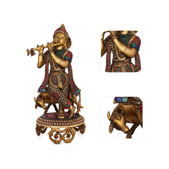 Cow Krishna With Stone Standing on Base Murti - 15 x 6.5 Inches | Antique Brass Idol/ Cow Krishna Statue for Pooja - Brass Murties