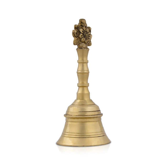 Brass Hand Bell - 6.25 x 1.25 Inches | Pooja Bell/ Shankh Chakra Handle Ghanti Bell for Home/ 405 Gms Approx