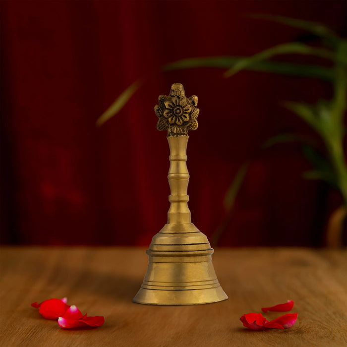 Brass Hand Bell - 6.25 x 1.25 Inches | Pooja Bell/ Shankh Chakra Handle Ghanti Bell for Home/ 405 Gms Approx - Pooja Bells