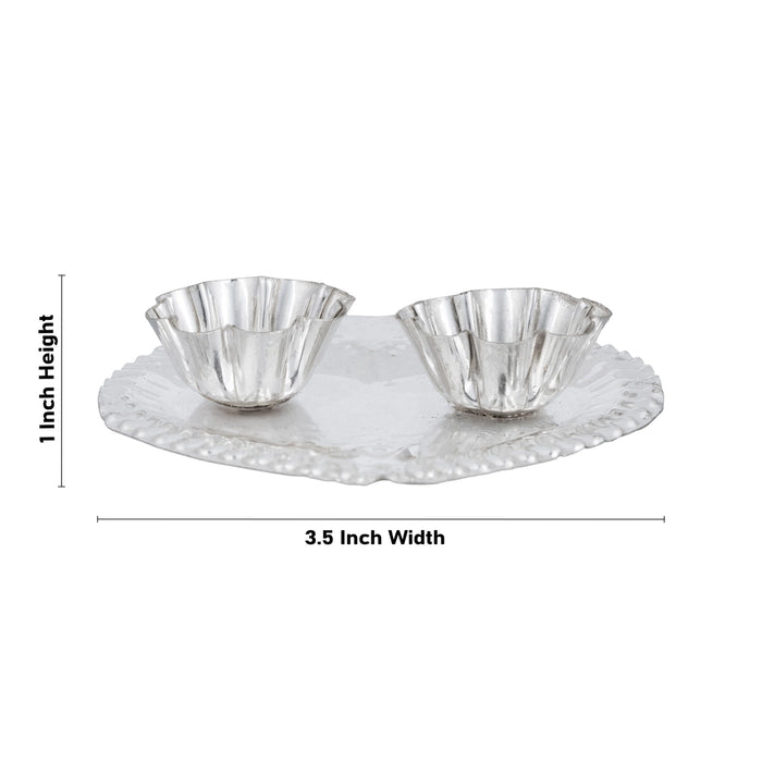 Kumkum Cup With Plate - 1 x 3.5 Inches | White Metal Kumkum Bharani/ Heart Shape Plate With Kumkum Bowl for Pooja - Sindoor Box