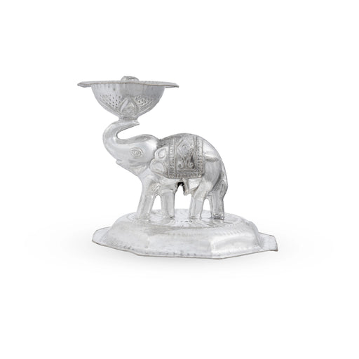 Elephant Design Deepam With Plate - 4 x 4 Inches | White Metal Lamp/ Vilakku for Pooja/ 50 Gms Approx - Decorative Lamp