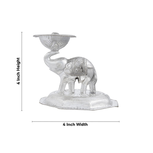 Elephant Design Deepam With Plate - 4 x 4 Inches | White Metal Lamp/ Vilakku for Pooja/ 50 Gms Approx - Decorative Lamp