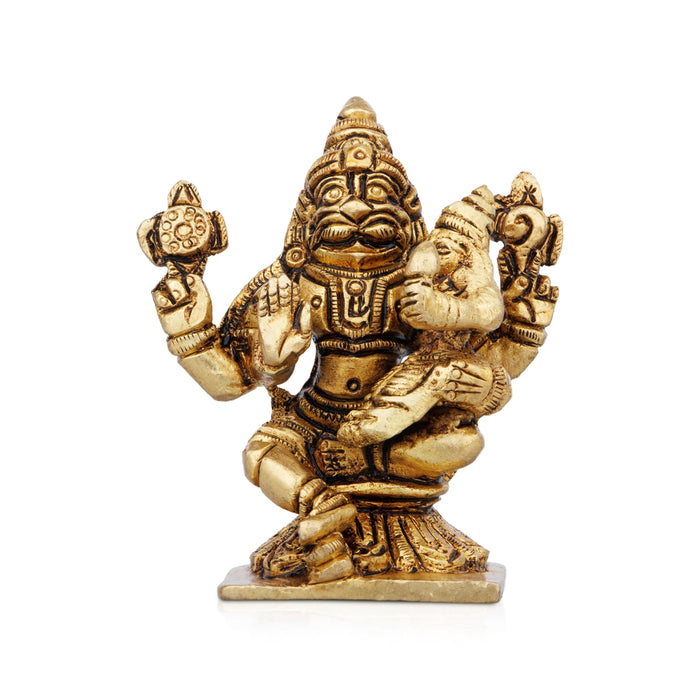 Lakshmi Narasimhar Sitting On Base Murti - 3 x 2.5 Inches | Antique Brass Idol / Narasimhar Statue for Pooja