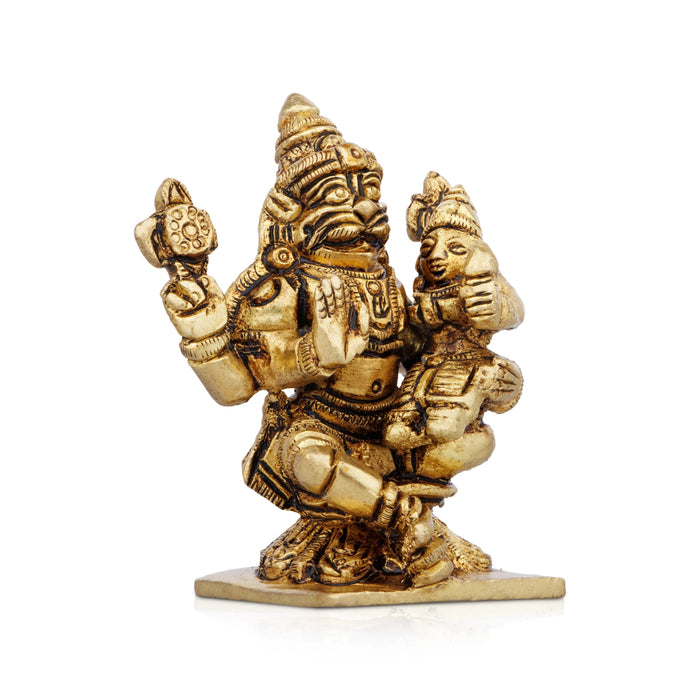 Lakshmi Narasimhar Sitting On Base Murti - 3 x 2.5 Inches | Antique Brass Idol / Narasimhar Statue for Pooja