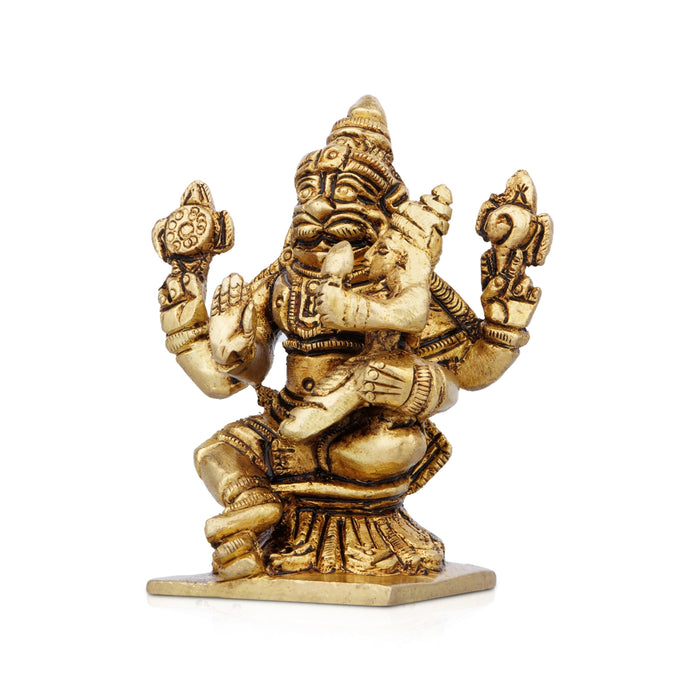 Lakshmi Narasimhar Sitting On Base Murti - 3 x 2.5 Inches | Antique Brass Idol / Narasimhar Statue for Pooja