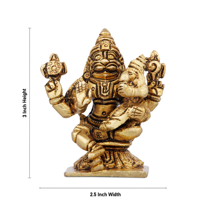 Lakshmi Narasimhar Sitting On Base Murti - 3 x 2.5 Inches | Antique Brass Idol / Narasimhar Statue for Pooja