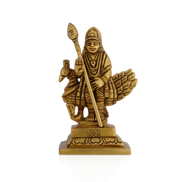 Peacock Murugan Standing On Base Murti - 3 .75 x 2 Inches | Brass Idol / Murugan with Peacock Statue For Pooja - Brass Murties