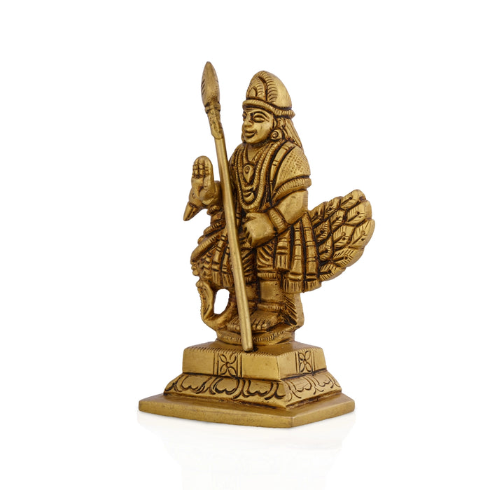 Peacock Murugan Standing On Base Murti - 3 .75 x 2 Inches | Brass Idol / Murugan with Peacock Statue For Pooja - Brass Murties